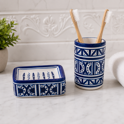 Blue & White Moroccan Ceramic Soap Dish & Toothbrush Holder Set