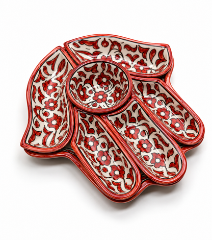 Red &amp; White Moroccan Floral Serving Platter Set – Handmade Fez Pottery