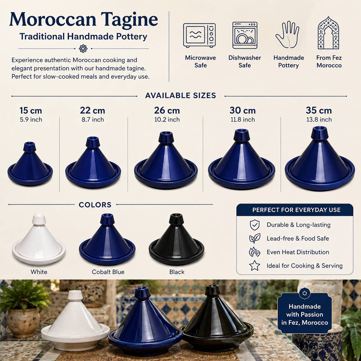 Handmade Moroccan Ceramic Tagine | White, Cobalt Blue & Black | Fez Pottery