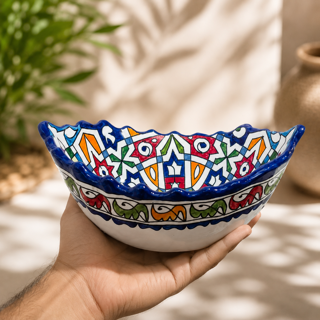 Moroccan Fez Boat-Shaped Salad Bowl – Hand-Painted Geometric Ceramic Serving Bowl