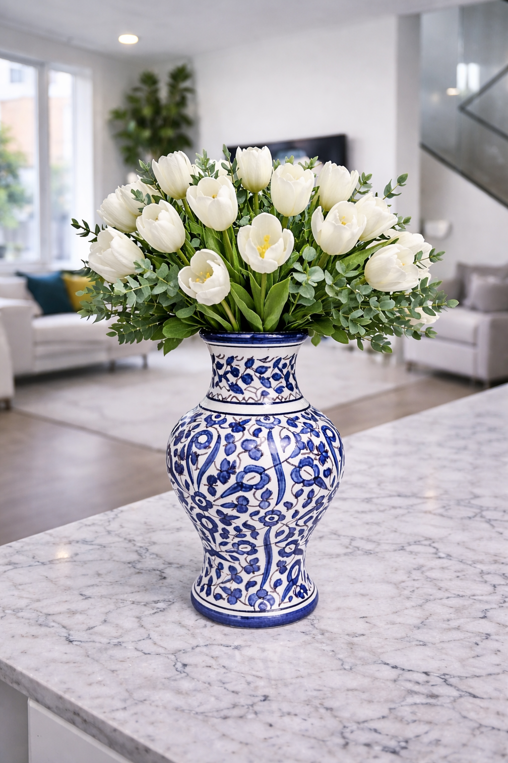 Moroccan ceramic vase, flower design hand painted blue and white