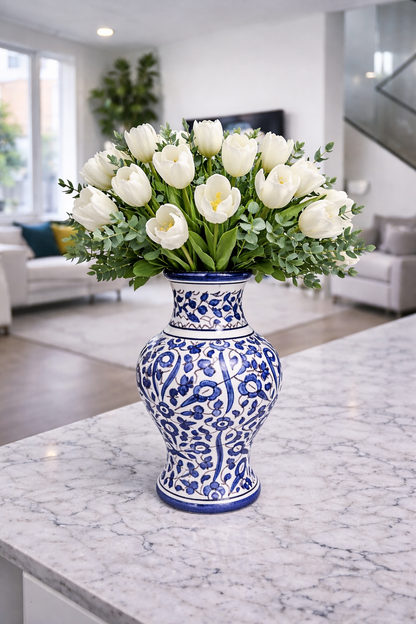 Moroccan ceramic vase, flower design hand painted blue and white