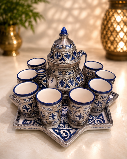 Luxury Moroccan large Tea Set – Handcrafted Fez Pottery with Silver Nickel & Cobalt Blue
