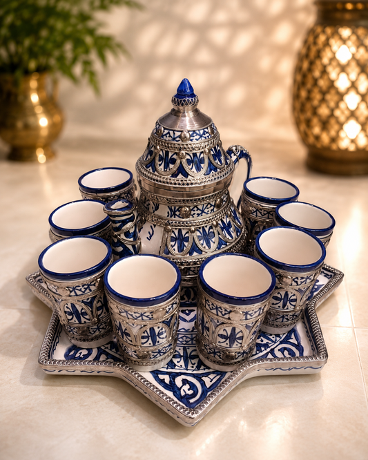 Luxury Moroccan large Tea Set – Handcrafted Fez Pottery with Silver Nickel & Cobalt Blue