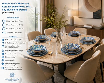 Handmade Moroccan Ceramic Dinnerware Set – Sky Blue Floral Design (6-Piece Set)