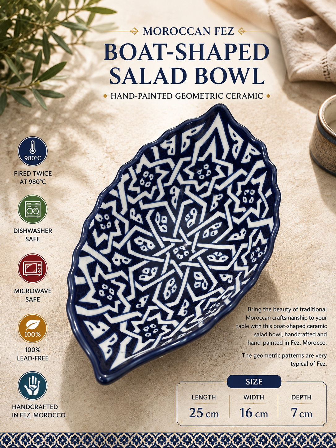 Moroccan Fez pottery Boat-Shaped Salad Bowl – Hand-Painted Geometric Ceramic Serving Bowl