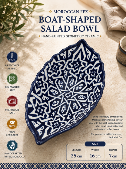 Moroccan Fez pottery Boat-Shaped Salad Bowl – Hand-Painted Geometric Ceramic Serving Bowl