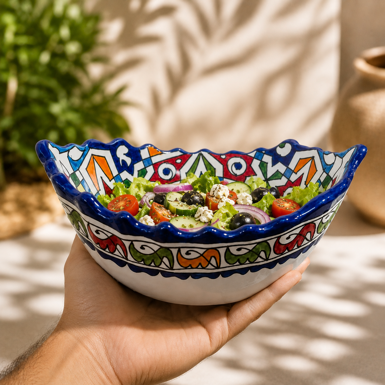 Moroccan Fez Boat-Shaped Salad Bowl – Hand-Painted Geometric Ceramic Serving Bowl