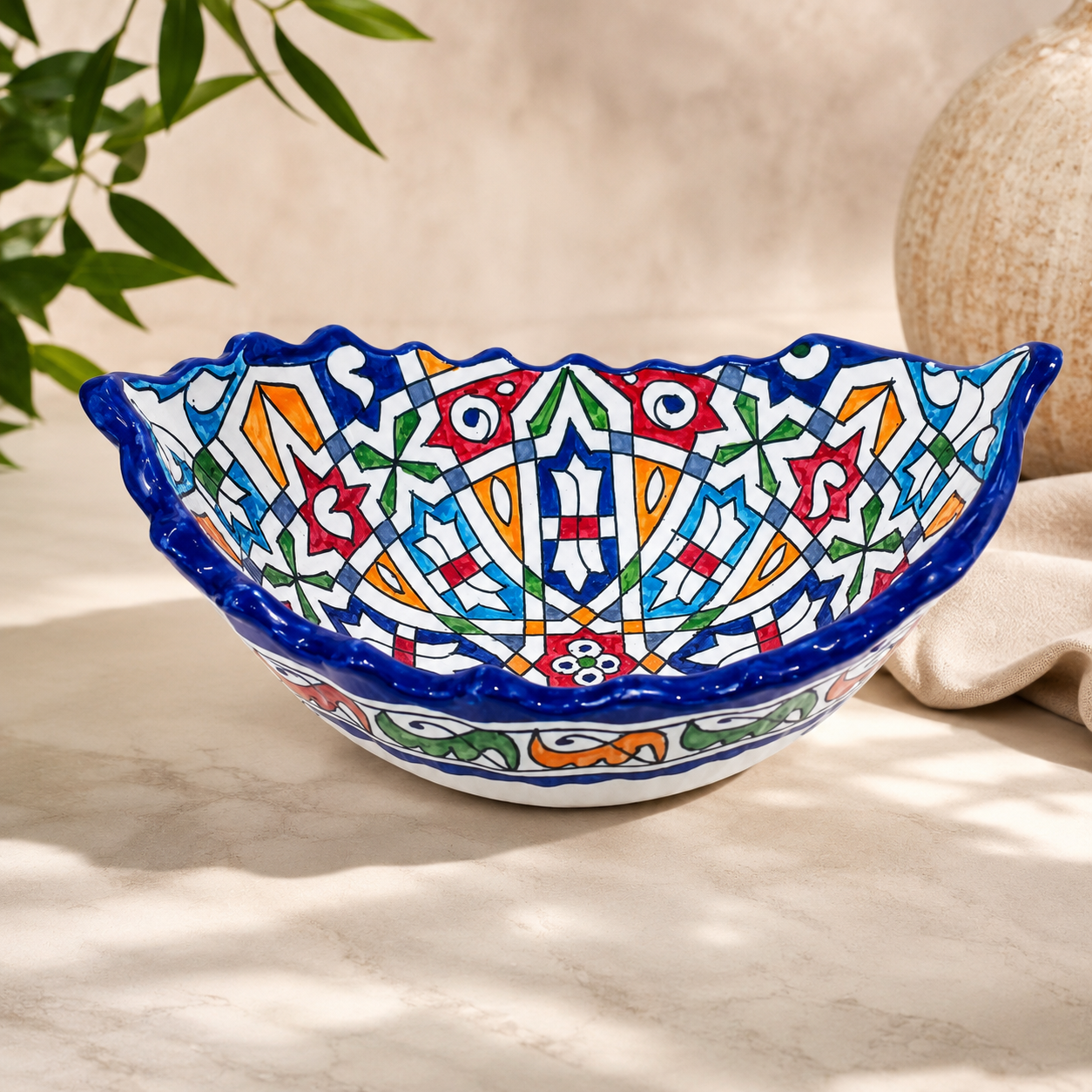 Moroccan Fez Boat-Shaped Salad Bowl – Hand-Painted Geometric Ceramic Serving Bowl