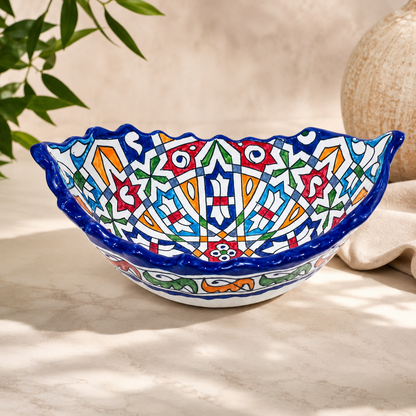Moroccan Fez Boat-Shaped Salad Bowl – Hand-Painted Geometric Ceramic Serving Bowl