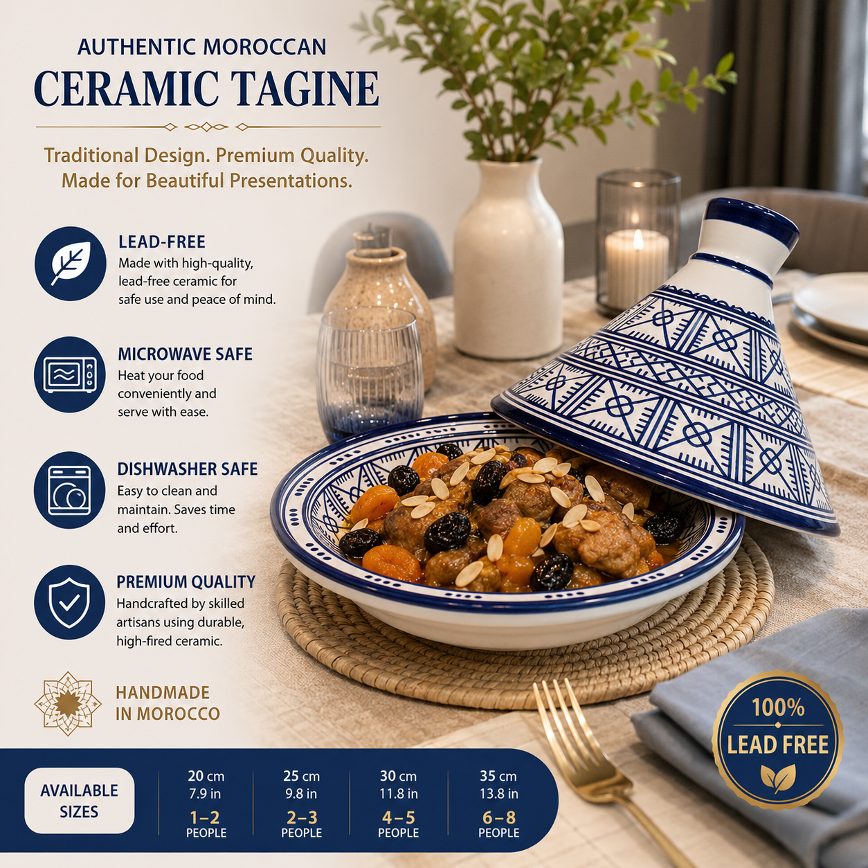 Handmade Moroccan Blue Ceramic Serving Tagine – Decorative Food Presentation Dish