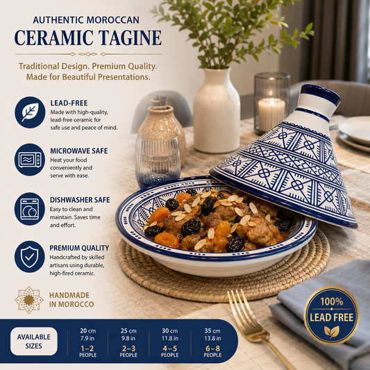 Handmade Moroccan Blue Ceramic Serving Tagine – Decorative Food Presentation Dish