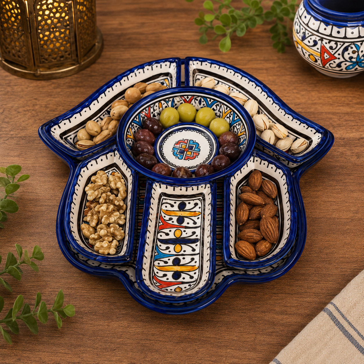 Hamsa serving dishes Design Platter with 7 Pieces Moroccan Fez Pottery
