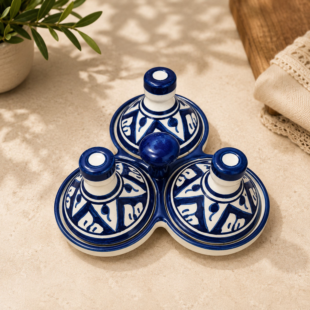 Moroccan Ceramic 3-Compartment Spice Server – Hand-Painted Blue & White Tagine Condiment Holder