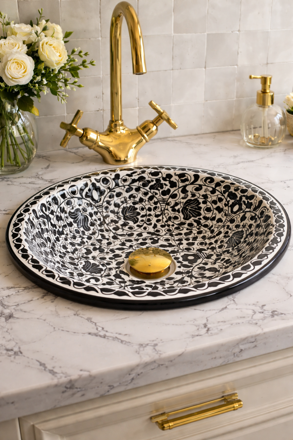 Handcrafted Moroccan Ceramic Sink – Black & White Floral Design