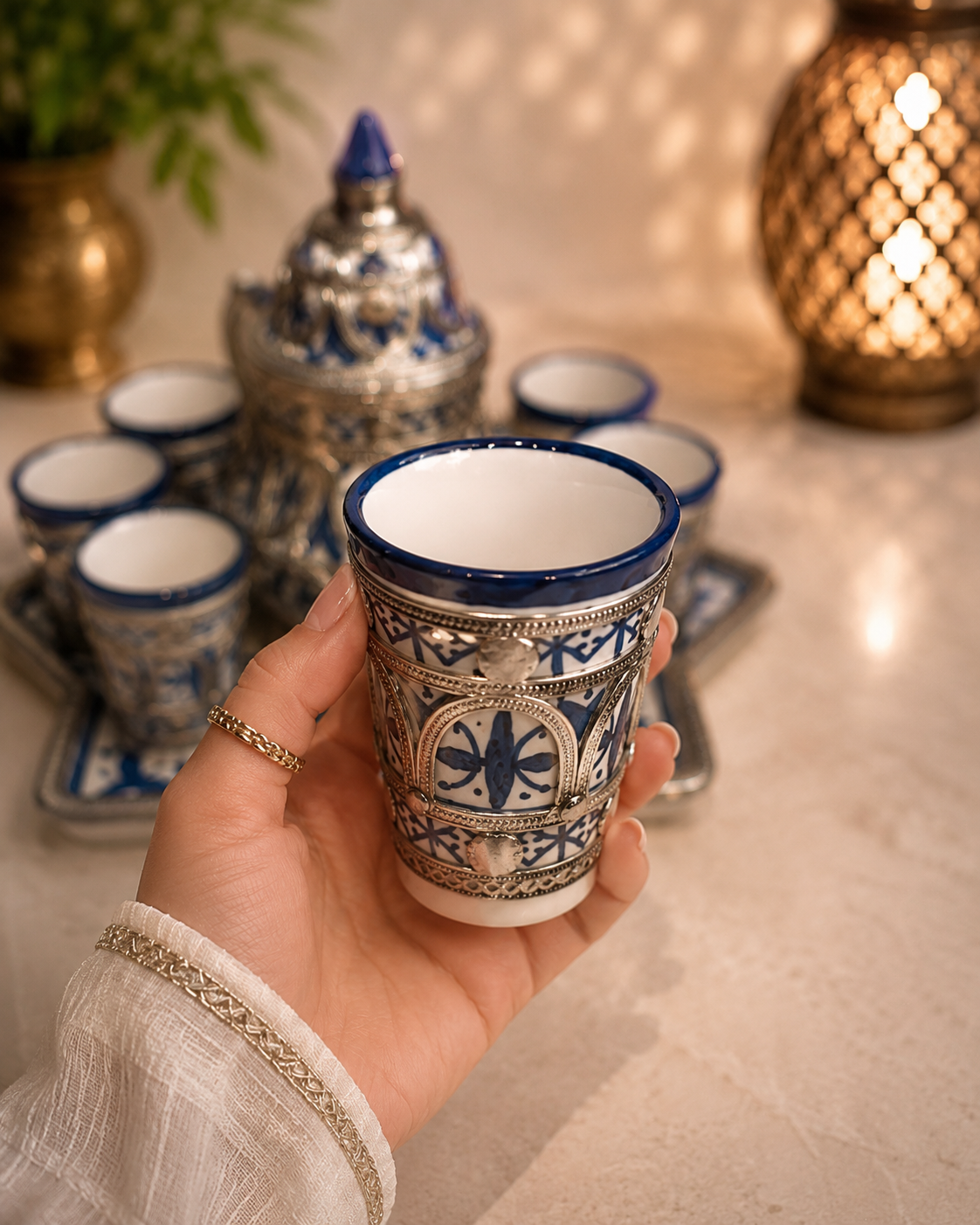 Luxury Moroccan large Tea Set – Handcrafted Fez Pottery with Silver Nickel & Cobalt Blue