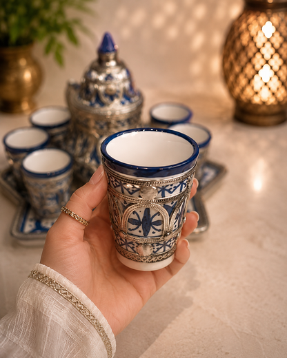 Luxury Moroccan large Tea Set – Handcrafted Fez Pottery with Silver Nickel & Cobalt Blue