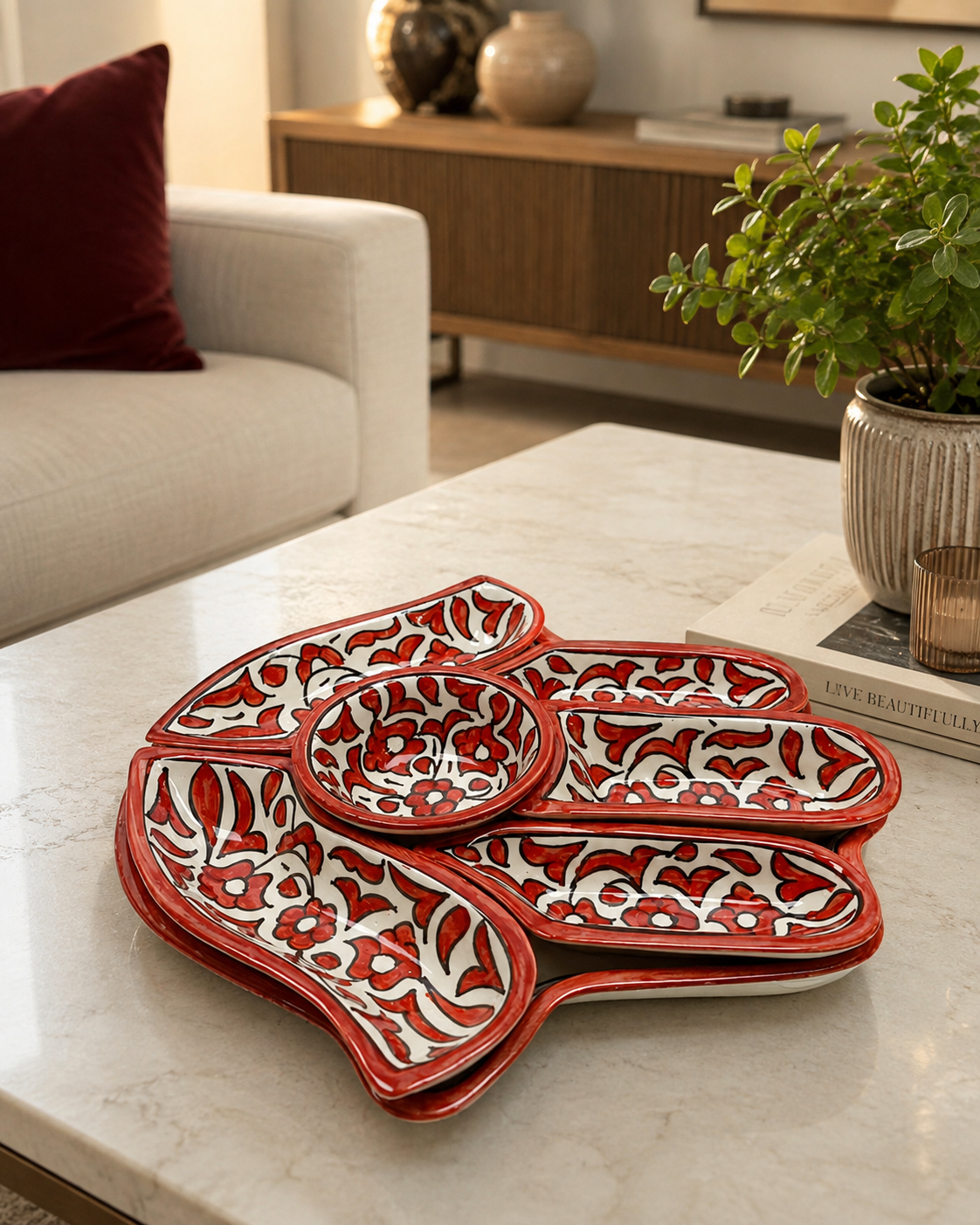 Red &amp; White Moroccan Floral Serving Platter Set – Handmade Fez Pottery