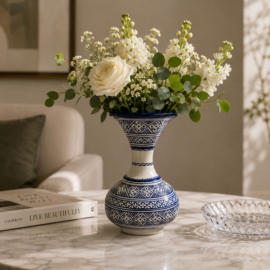 Handmade Moroccan Ceramic Vase – Traditional Fassi Embroidery Pattern