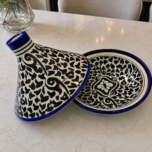 Moroccan Blue cobalt motif Ceramic Serving Tagine – Decorative Food Presentation Dish