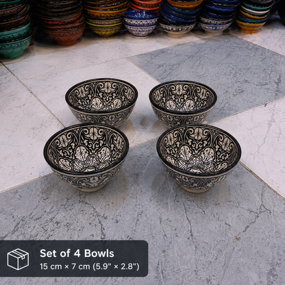 Handmade Moroccan Fassi Ceramic Bowl – Black & White Hand-Painted Serving Bowl | Traditional Fez Pottery