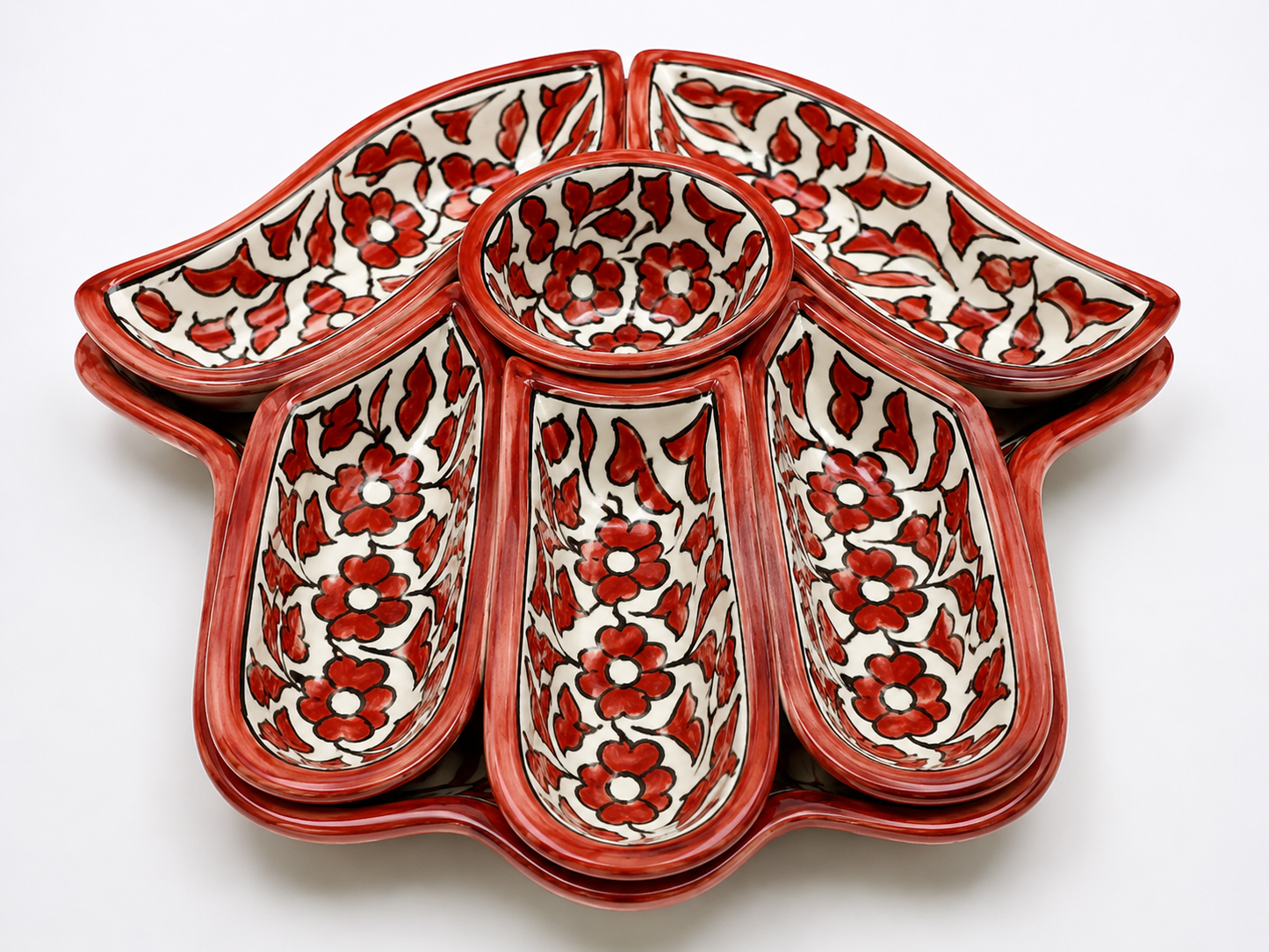 Red &amp; White Moroccan Floral Serving Platter Set – Handmade Fez Pottery