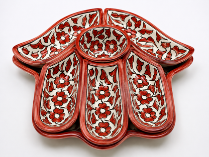 Red &amp; White Moroccan Floral Serving Platter Set – Handmade Fez Pottery