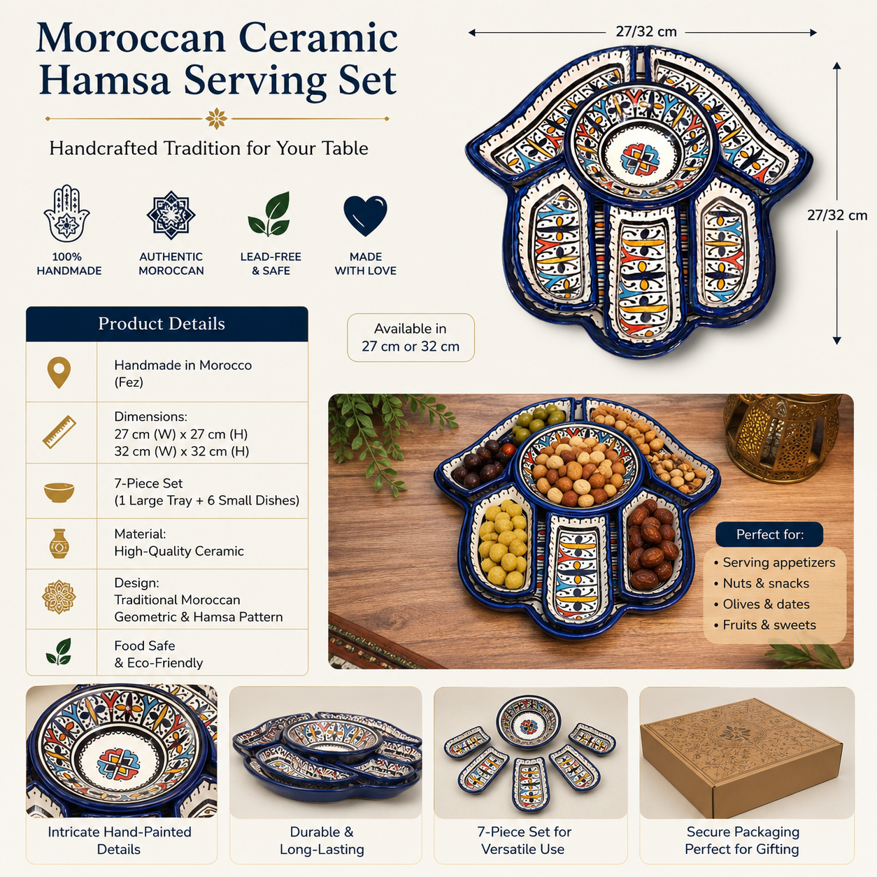 Hamsa serving dishes Design Platter with 7 Pieces Moroccan Fez Pottery