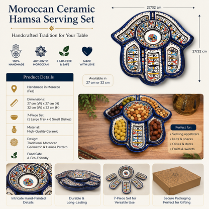 Hamsa serving dishes Design Platter with 7 Pieces Moroccan Fez Pottery