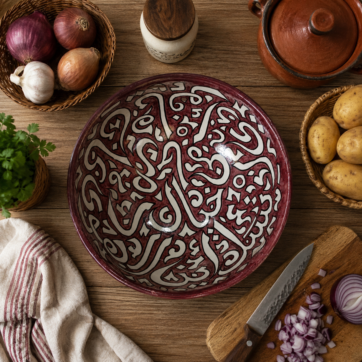 Handmade Moroccan Fez Ceramic Bowl with Classical Arabic Calligraphy