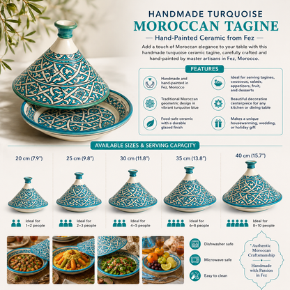 Handmade Turquoise Moroccan Tagine | Hand-Painted Ceramic Serving Tagine from Fez