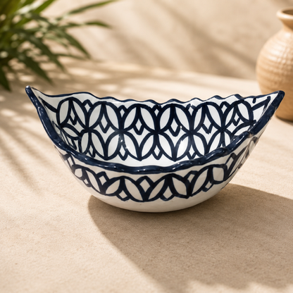 Moroccan Fez pottery Boat-Shaped Salad Bowl – Hand-Painted Geometric Ceramic Serving Bowl