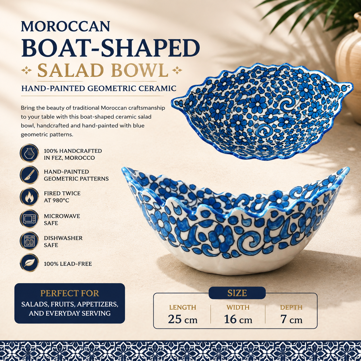 Moroccan Fez pottery Boat-Shaped Salad Bowl – Hand-Painted Geometric Ceramic Serving Bowl