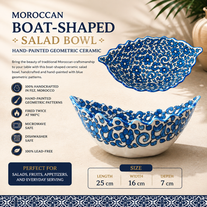 Moroccan Fez pottery Boat-Shaped Salad Bowl – Hand-Painted Geometric Ceramic Serving Bowl