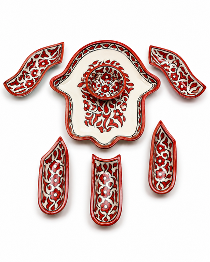 Red &amp; White Moroccan Floral Serving Platter Set – Handmade Fez Pottery