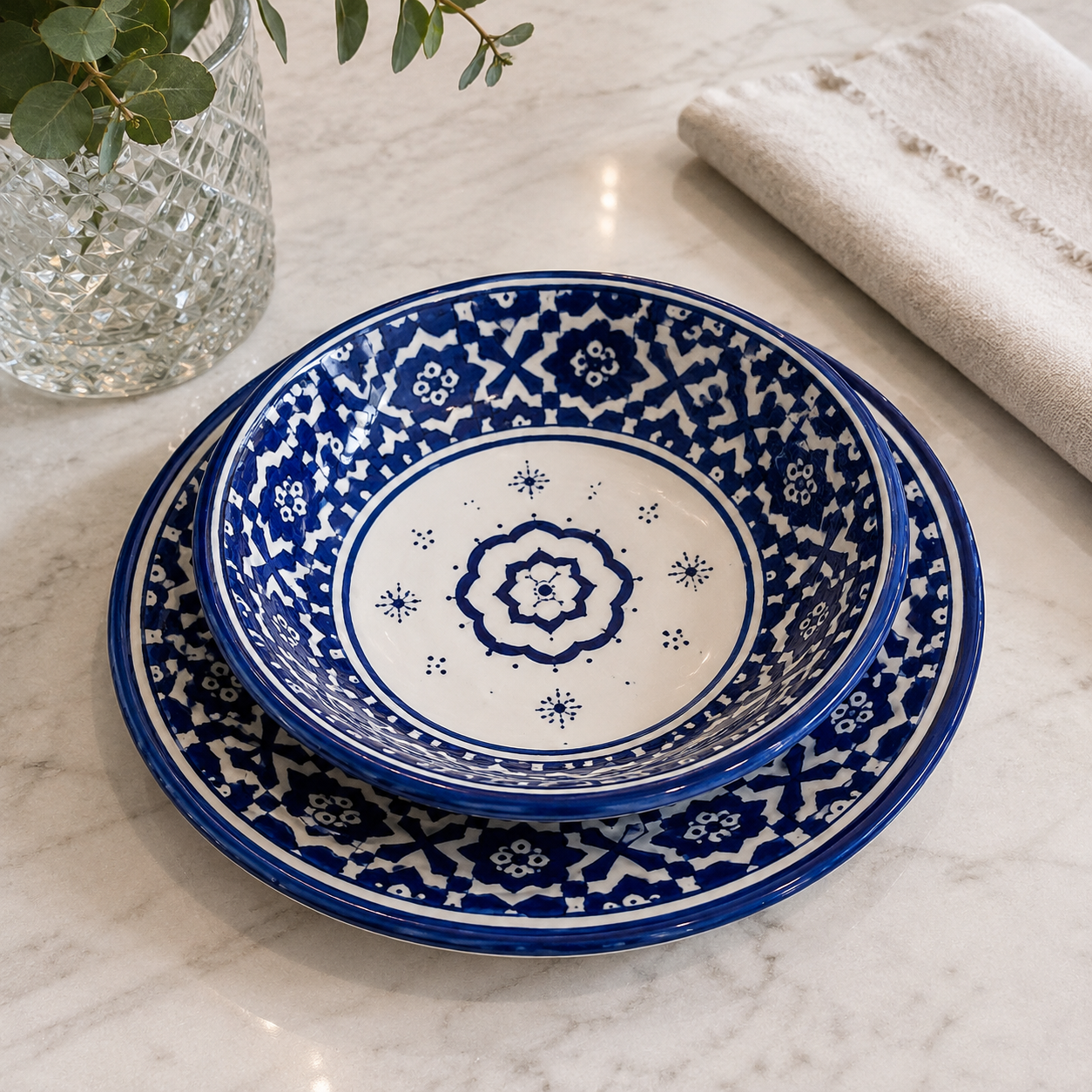 Moroccan Oval Tagine and Dinner Set – Blue & White | Lead-Free Ceramic | Microwave & Dishwasher Safe
