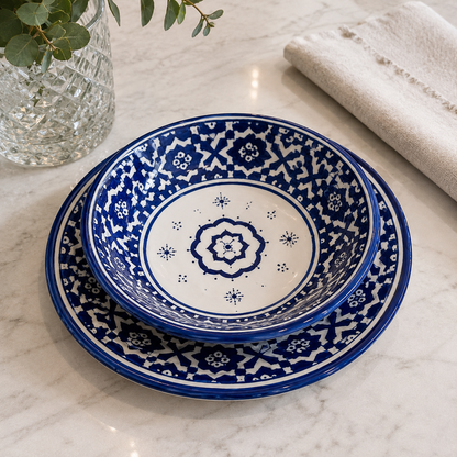 Moroccan Oval Tagine and Dinner Set – Blue & White | Lead-Free Ceramic | Microwave & Dishwasher Safe