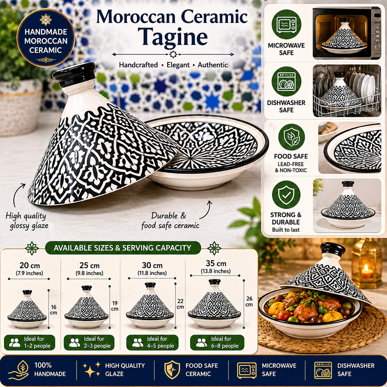 Handcrafted Moroccan Tagine – Black & White Geometric Design