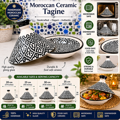 Handcrafted Moroccan Tagine – Black & White Geometric Design
