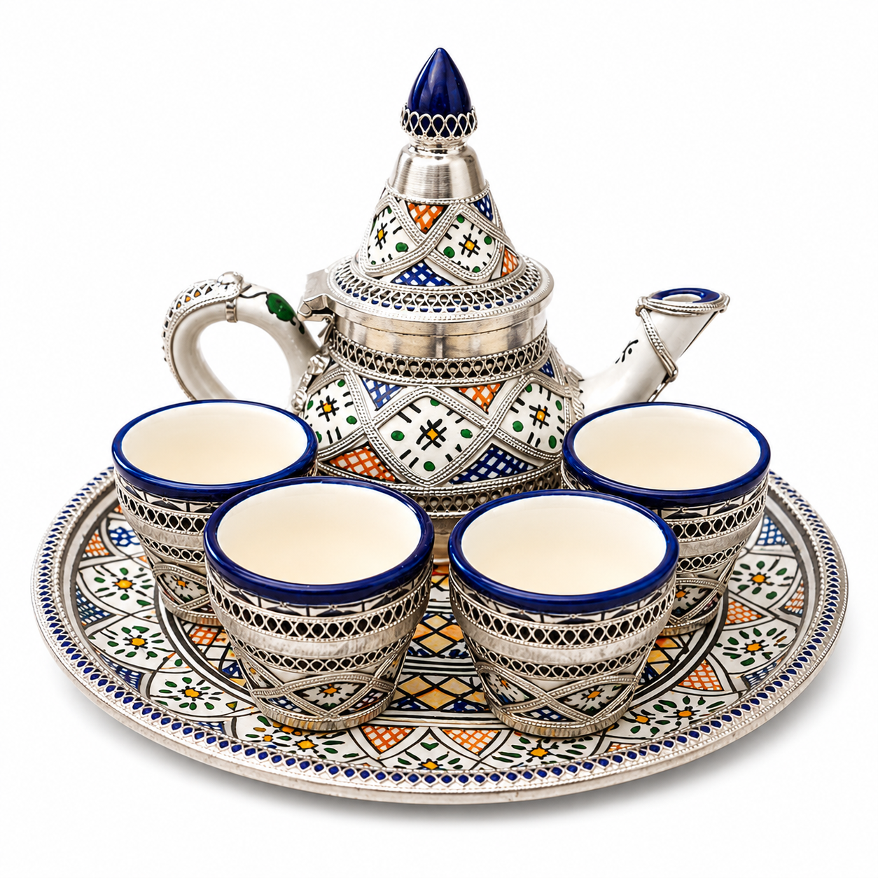 Moroccan Handmade Tea Set with Silver-Plated Finish – 4 Cups, Teapot & Round Tray