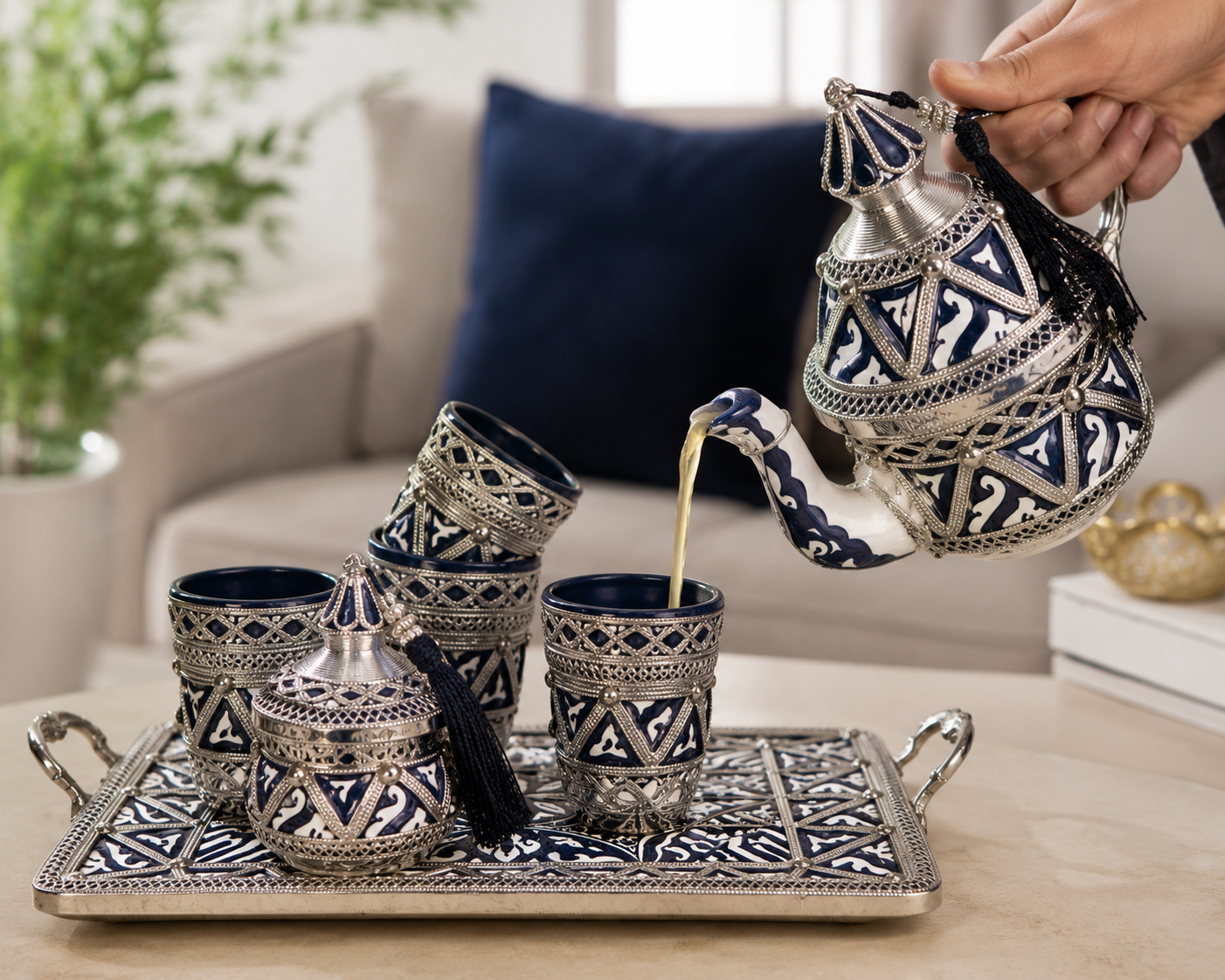 Handmade Moroccan Fassi Pottery Tea Set with Silver Nickel Decoration