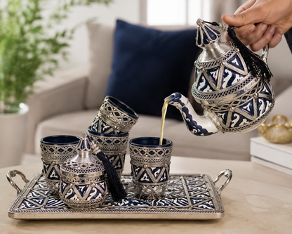 Handmade Moroccan Fassi Pottery Tea Set with Silver Nickel Decoration