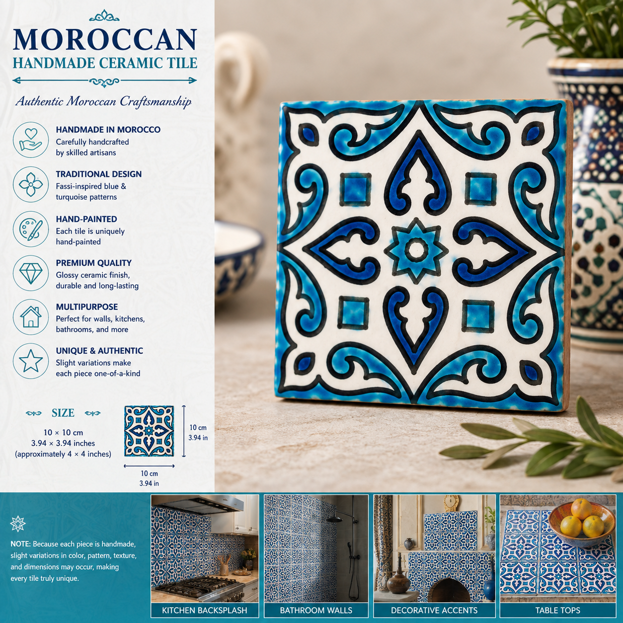Moroccan Handmade Blue & White Ceramic Tile