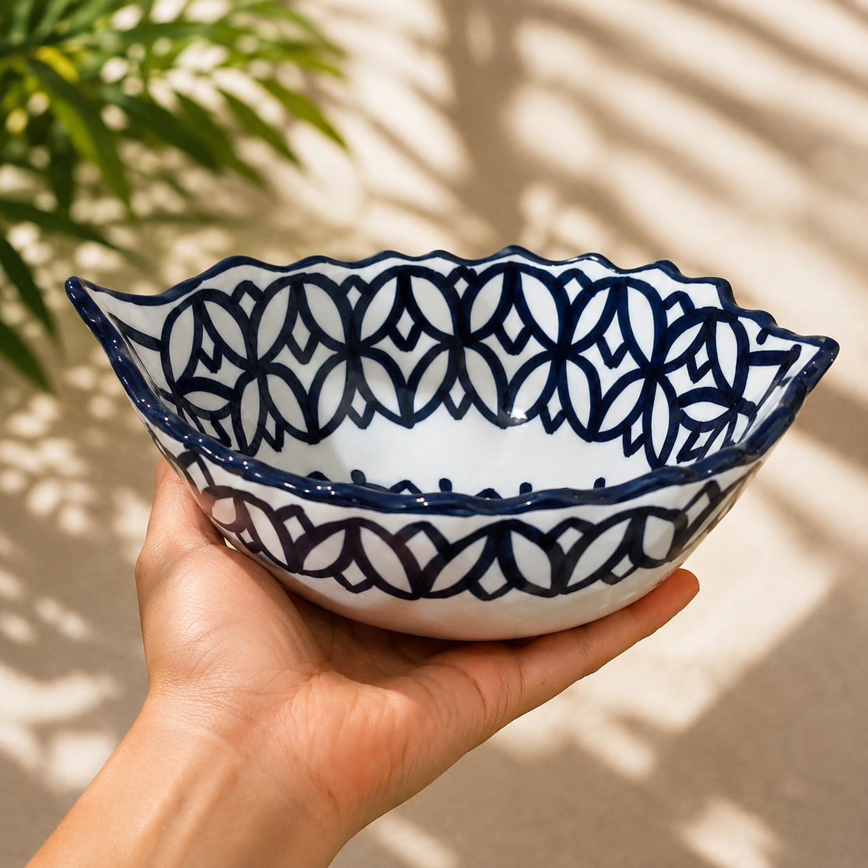 Moroccan Fez pottery Boat-Shaped Salad Bowl – Hand-Painted Geometric Ceramic Serving Bowl
