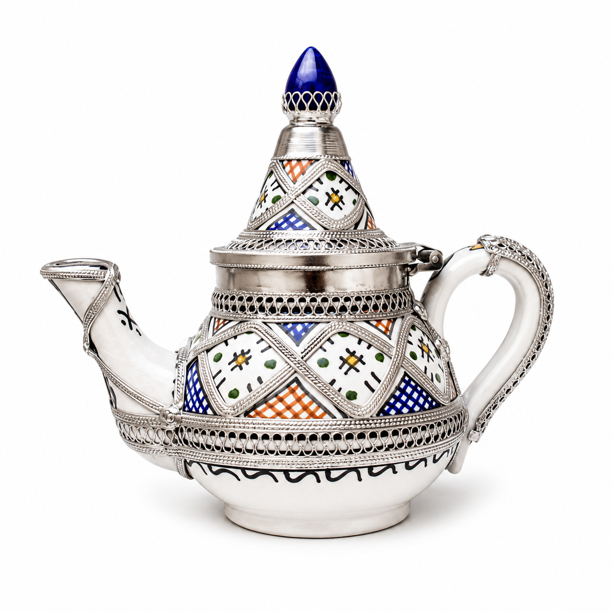 Moroccan Handmade Tea Set with Silver-Plated Finish – 4 Cups, Teapot & Round Tray