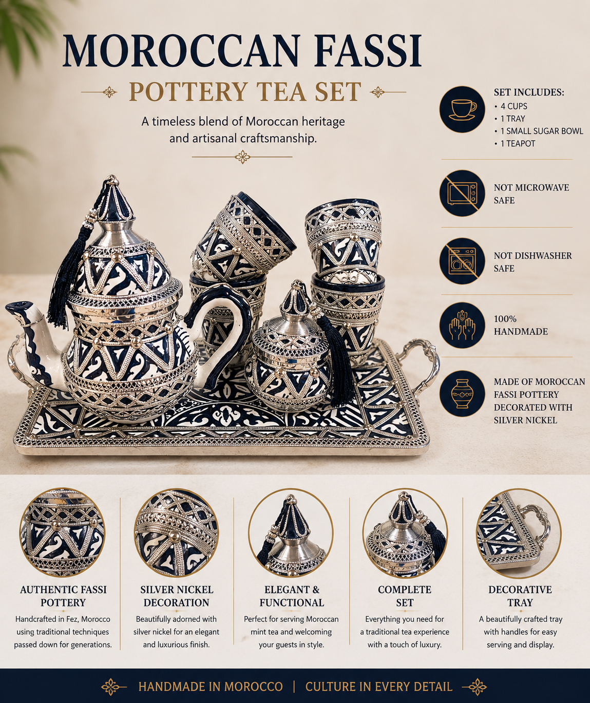 Handmade Moroccan Fassi Pottery Tea Set with Silver Nickel Decoration