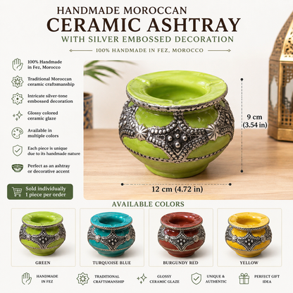 Handmade Moroccan Ceramic Ashtray with Silver Embossed Decoration – Fez Pottery