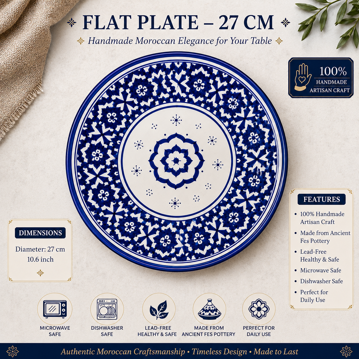 Moroccan Oval Tagine and Dinner Set – Blue & White | Lead-Free Ceramic | Microwave & Dishwasher Safe