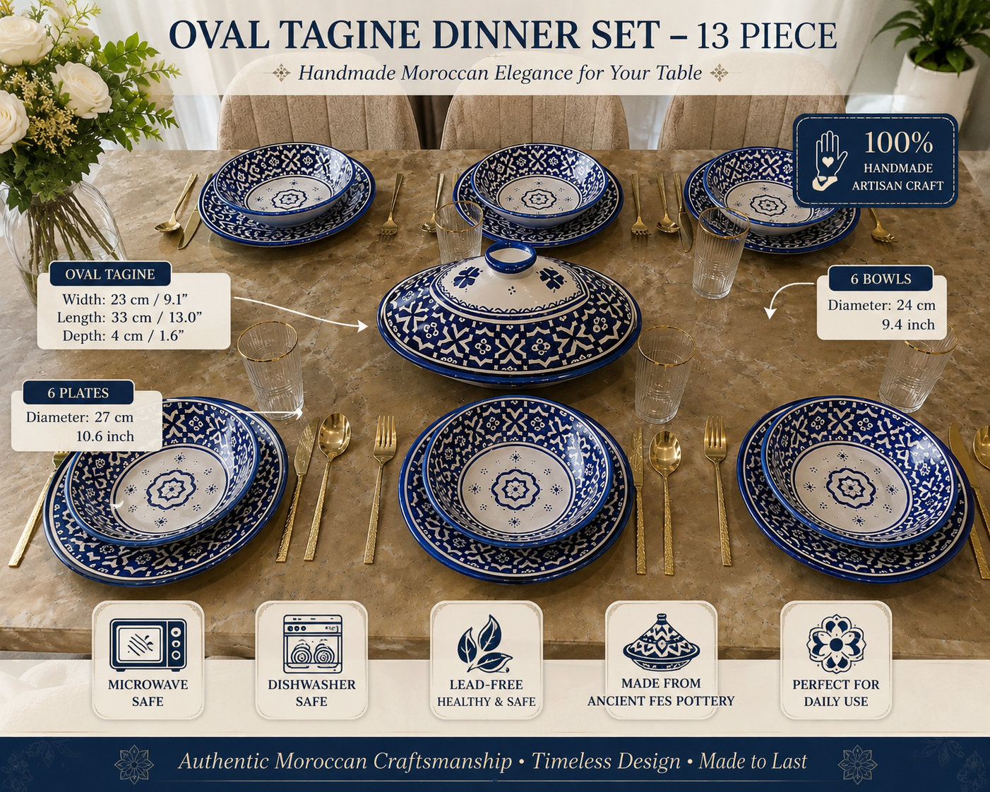 Moroccan Oval Tagine and Dinner Set – Blue & White | Lead-Free Ceramic | Microwave & Dishwasher Safe