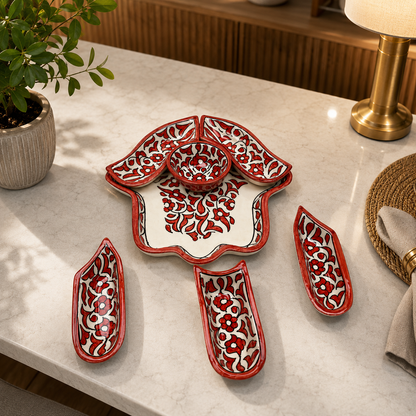 Red &amp; White Moroccan Floral Serving Platter Set – Handmade Fez Pottery